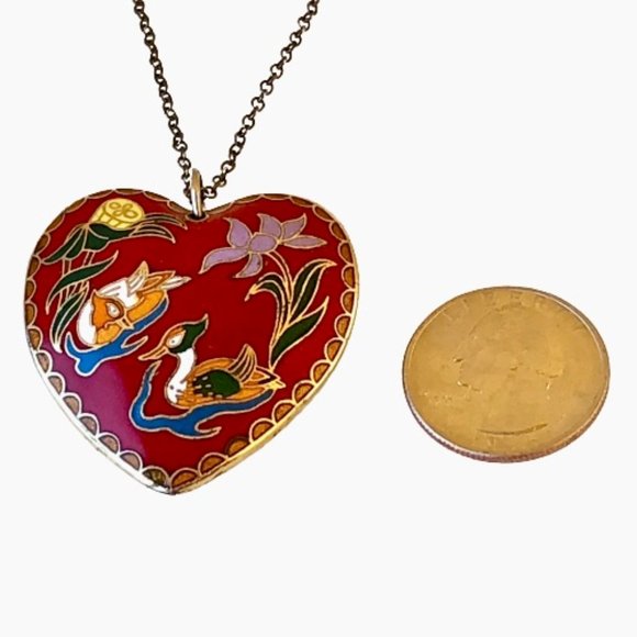 Vintage Cloisonne Large Heart Puffy Double Sided Enamel Pendant Necklace Red Blu - Picture 13 of 16